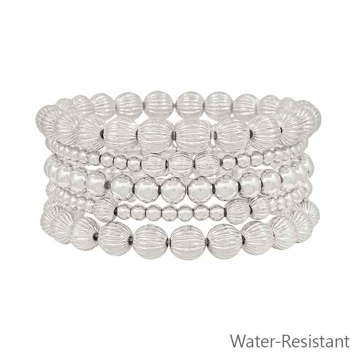 Water Resistant Set of 5 8mm, 5mm, and 3mm Textured Silver Beaded Stretch Bracelets