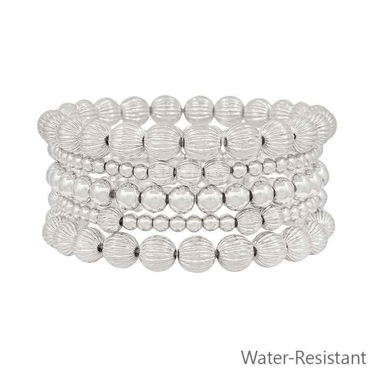 Water Resistant Set of 5 8mm, 5mm, and 3mm Textured Silver Beaded Stretch Bracelets