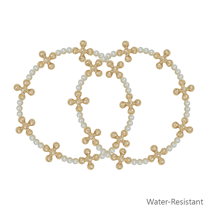 Water Resistant Gold Beaded and Pearl Cross Shape Set of 2 Stretch Bracelets