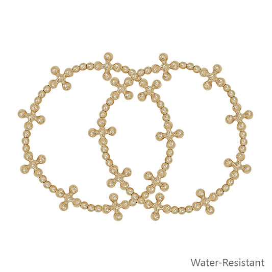 Water Resistant Gold Beaded Cross Shape Set of 2 Stretch Bracelets