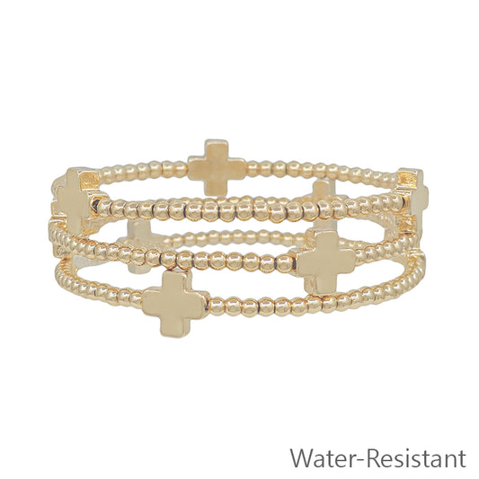 Water Resistant Gold Set of 3 3mm Beaded with Gold Cross Stretch Bracelets