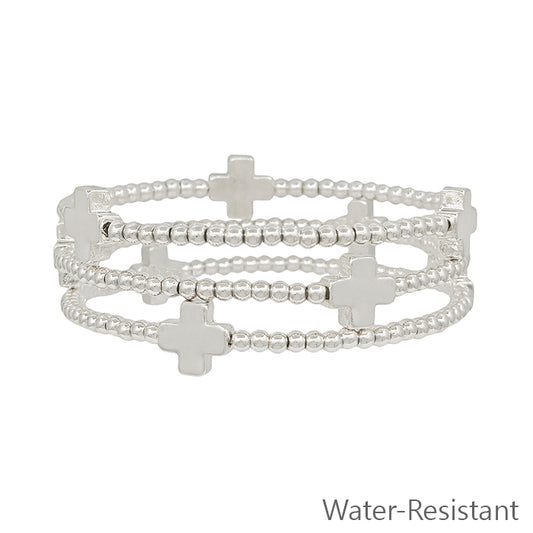 Water Resistant Silver Set of 3 3mm Beaded with Cross Stretch Bracelets