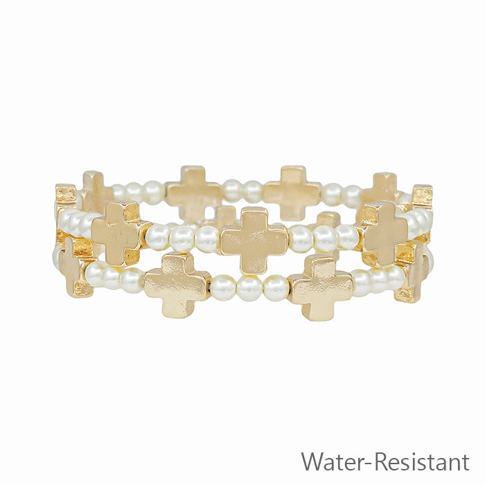 Water Resistant Pearl Beaded with Gold Cross Shape Set of 2 Stretch Bracelet