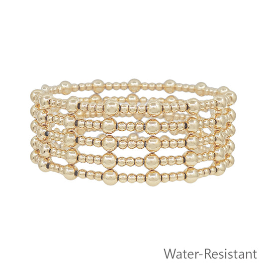 Water Resistant Gold 5mm and 2mm Beaded Set of 5 Stretch Bracelets