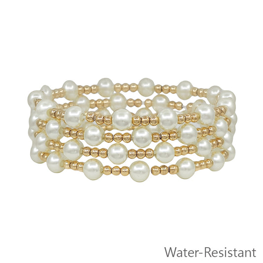 Water Resistant Small Gold Beaded and Pearl Set of 4 Stretch Bracelets