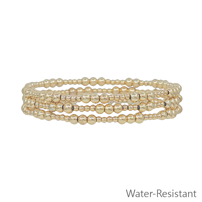 Water Resistant Small Gold Beaded Set of 3 Stretch Bracelets