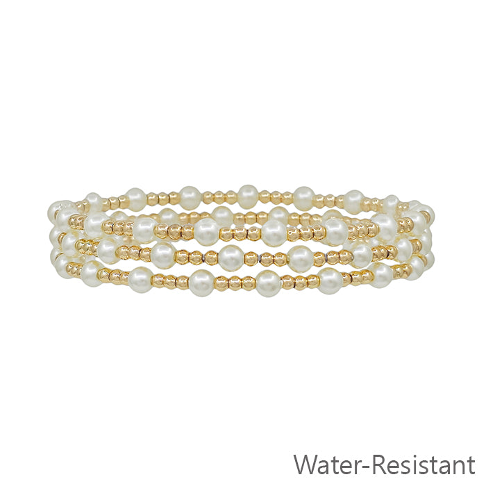 Water Resistant Small Gold and Pearl Beaded Set of 3 Stretch Bracelets