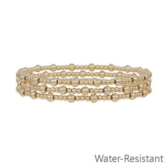 Water Resistant Small Gold Beaded Set of 3 Stretch Bracelets