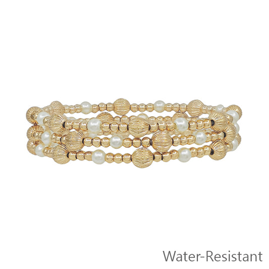 Water Resistant Small Gold and Pearl Beaded Set of 3 Stretch Bracelets