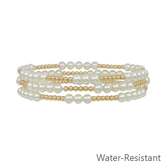 Water Resistant Small Gold and Pearl Row Beaded Set of 3 Stretch Bracelets