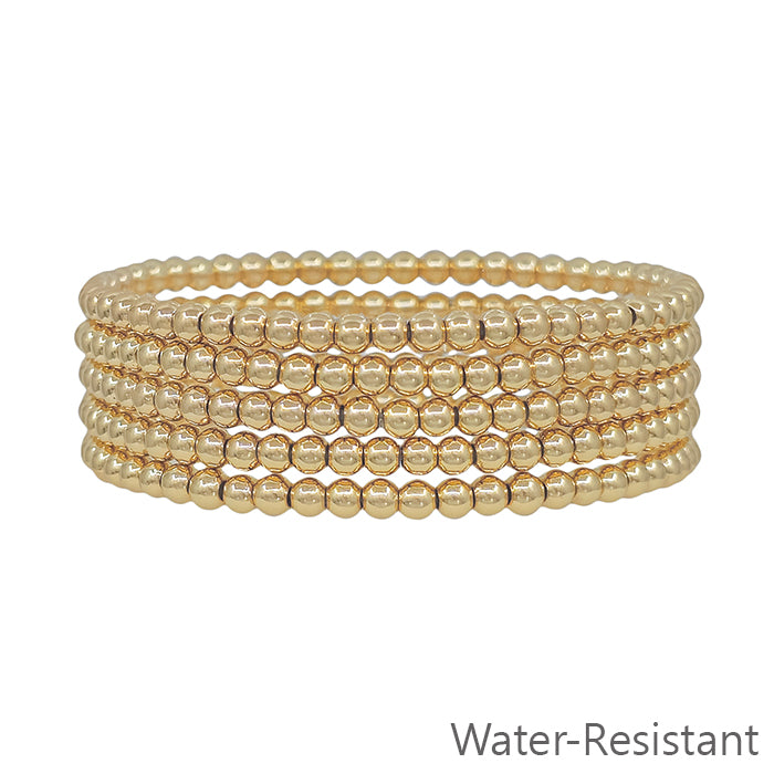 Water Resistant Small Gold Beaded Set of 5 Stretch Bracelets