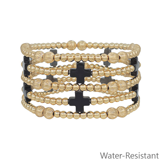 Water Resistant Gold Textured Beaded and Black Cross Shaped Set of 5 Bracelets