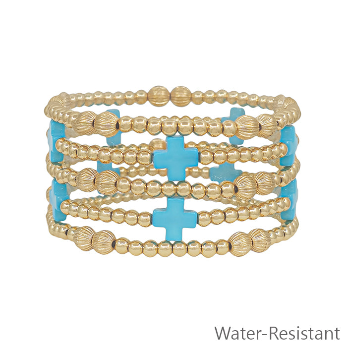 Water Resistant Gold Textured Beaded and Turquoise Cross Shaped Set of 5 Bracelets