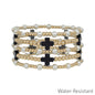 Water Resistant Gold Textured Beaded, Pearl, and Black Cross Shaped Set of 5 Bracelets