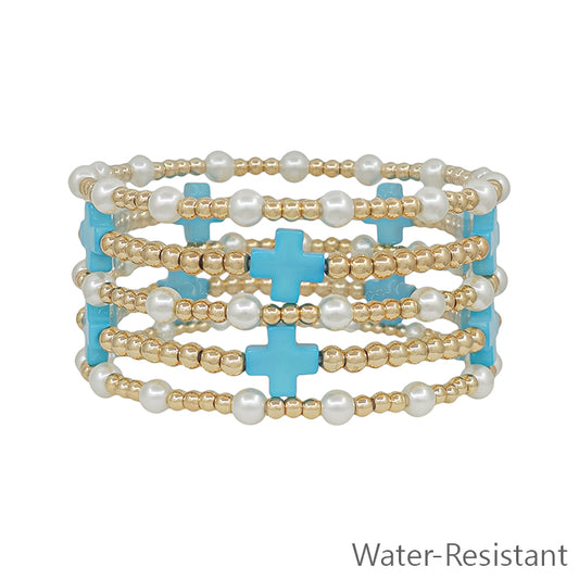 Water Resistant Gold Textured Beaded, Pearl, and Turquiose Cross Shaped Set of 5 Bracelets