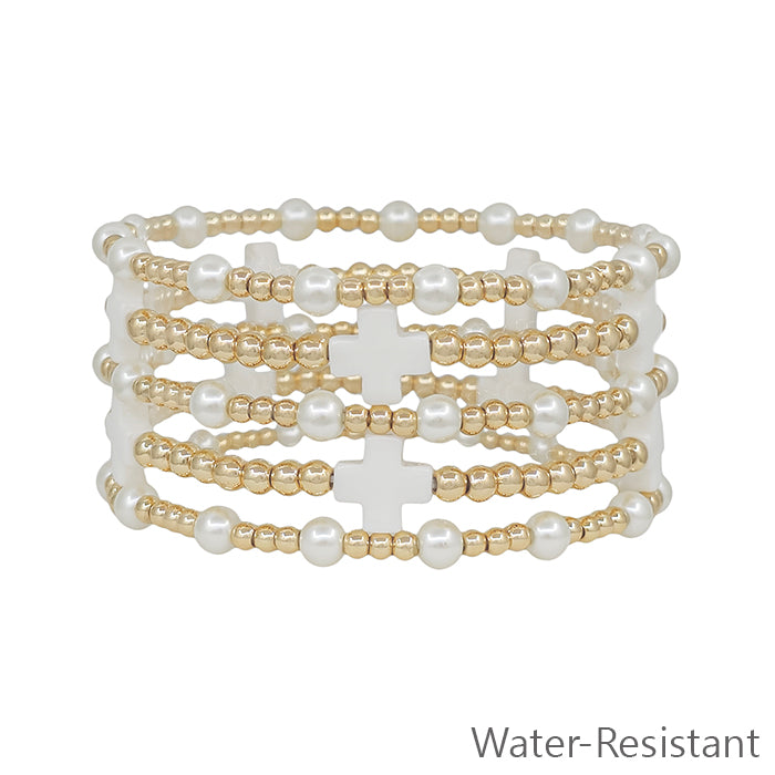 Water Resistant Gold Textured Beaded, Pearl, and White Cross Shaped Set of 5 Bracelets