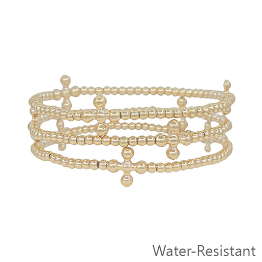 Water Resistant Gold Set of 3 3mm Beaded with Bubble Cross Stretch Bracelets