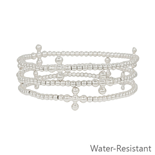 Water Resistant Silver Set of 3 3mm Beaded with Bubble Cross Stretch Bracelets