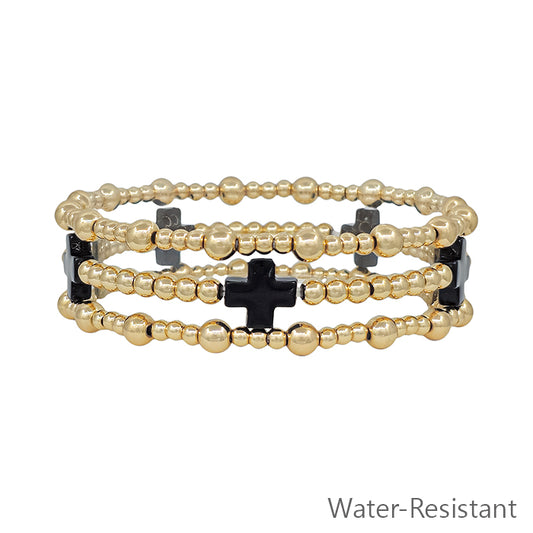 Water Resistant Gold Set of 3 3&4mm Beaded with Black Cross Stretch Bracelets