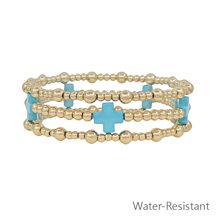 Water Resistant Gold Set of 3 3&4mm Beaded with Turquoise Cross Stretch Bracelets