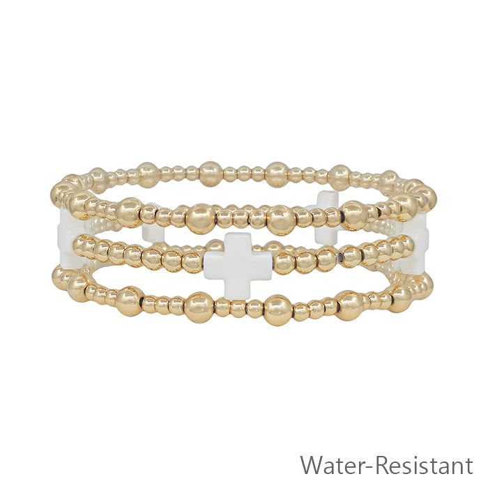 Water Resistant Gold Set of 3 3&4mm Beaded with White Cross Stretch Bracelets