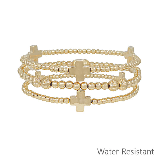 Water Resistant Set of Three Gold Cross and Beaded Stretch Bracelets