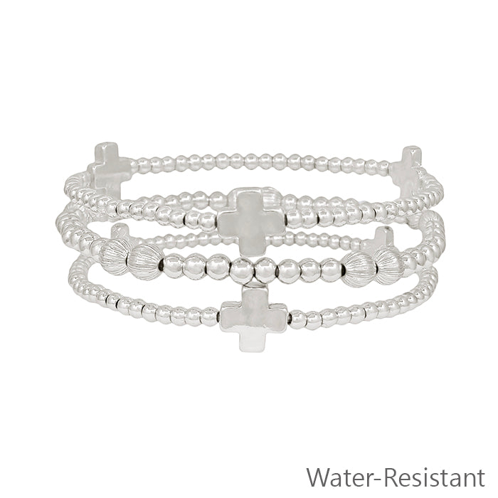 Water Resistant Set of Three Silver Cross and Beaded Stretch Bracelets