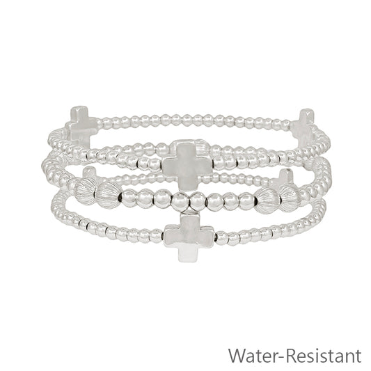 Water Resistant Set of Three Silver Cross and Beaded Stretch Bracelets