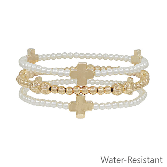 Water Resistant Set of Three Gold Cross and Pearl Beaded Stretch Bracelets