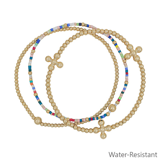 Water Resistant Set of Three Gold Cross and Multi Small Beaded Stretch Bracelets