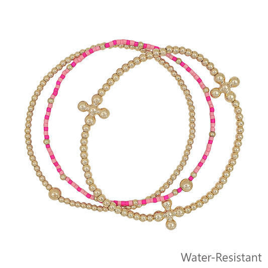 Water Resistant Set of Three Gold Cross and Pink Small Beaded Stretch Bracelets