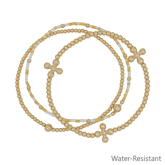 Water Resistant Set of Three Gold Cross and White Small Beaded Stretch Bracelets