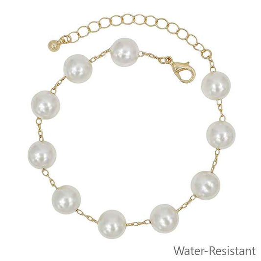 Water Resistant 10MM Pearl Bead and Chain 7.5" Bracelet