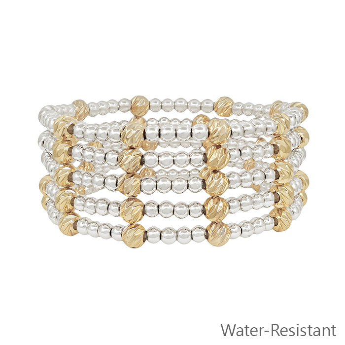 Water Resistant Silver and Gold Textured Beaded Set of 5 Stretch Bracelets