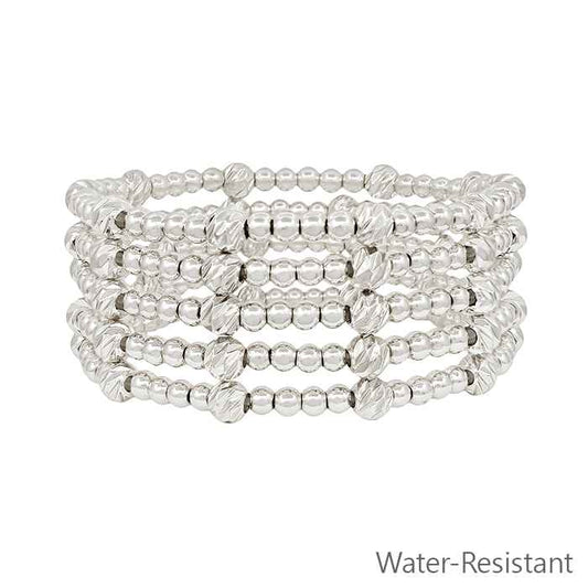 Water Resistant Set of 5 Textured Silver 5mm Bead and 4mm Beaded Stretch Bracelet