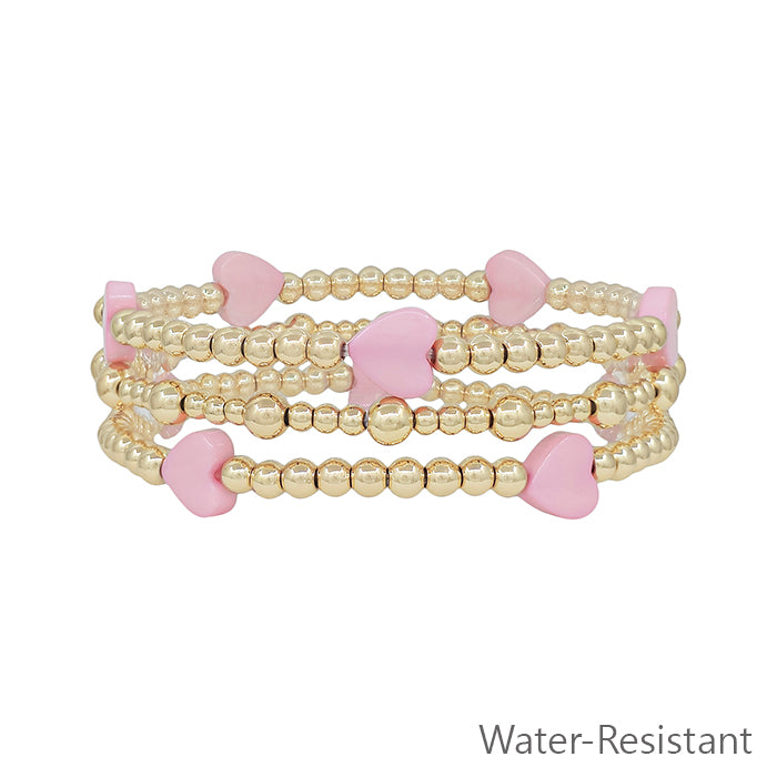 Water Resistant Gold Beaded with Pink Hearts Set of 3 Stretch Bracelets