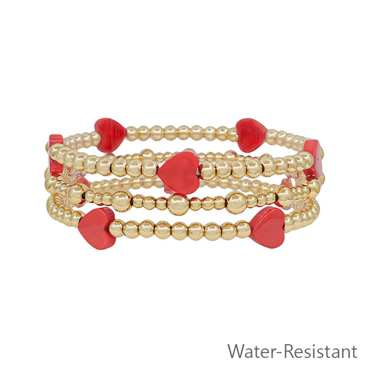 Water Resistant Gold Beaded with Red Hearts Set of 3 Stretch Bracelets