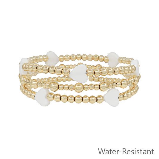 Water Resistant Gold Beaded with White Hearts Set of 3 Stretch Bracelets