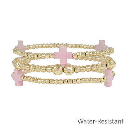 Water Resistant Gold Beaded and Pink Colored Cross Set of 3 Stretch Bracelets