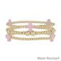 Water Resistant Gold Beaded and Pink Colored Cross Set of 3 Stretch Bracelets