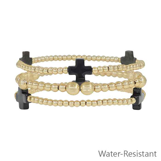 Water Resistant Gold Beaded and Black Colored Cross Set of 3 Stretch Bracelets