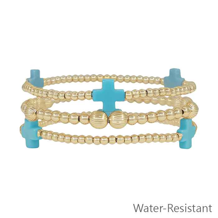 Water Resistant Gold Beaded and Turquoise Colored Cross Set of 3 Stretch Bracelets