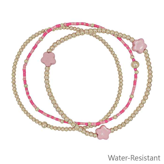 Water Resistant Set of 3 Gold Beaded, Pink Seed Bead and Flower Stretch Bracelets