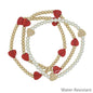 Water Resistant Gold Beaded and Pearl with Red Heart Set of 3 Stretch Bracelets