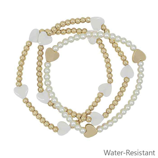 Water Resistant Gold Beaded and Pearl with White Heart Set of 3 Stretch Bracelets