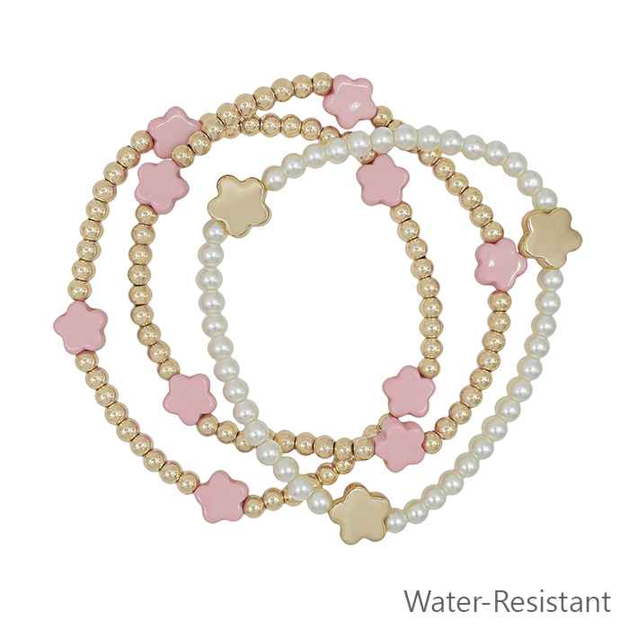 Water Resistant Gold Beaded and Pearl with Pink Flower Set of 3 Stretch Bracelets