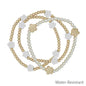 Water Resistant Gold Beaded and Pearl with White Flower Set of 3 Stretch Bracelets