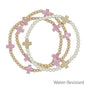 Water Resistant Gold Beaded with Pink Cross and Pearl Set of 3 Stretch Bracelets