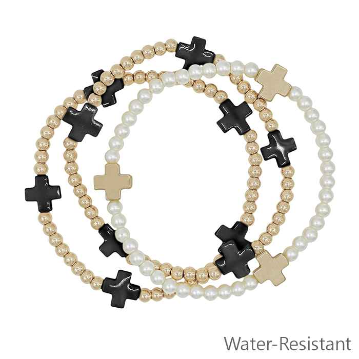 Water Resistant Gold Beaded with Black Cross and Pearl Set of 3 Stretch Bracelets