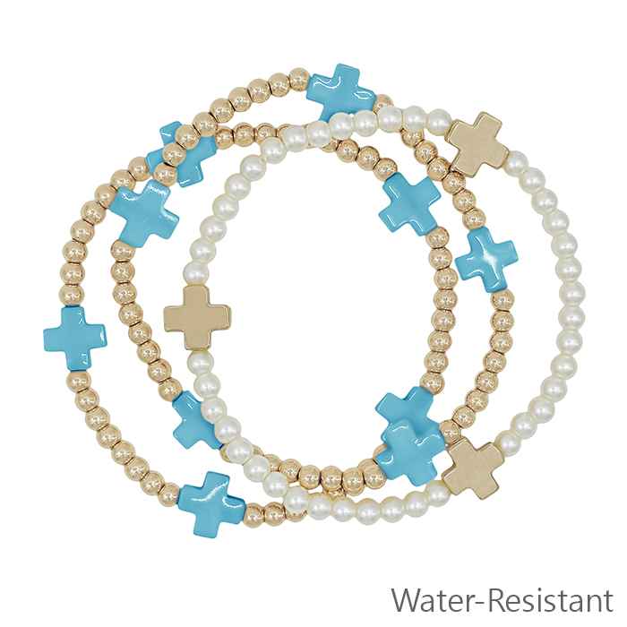 Water Resistant Gold Beaded with Turquoise Cross and Pearl Set of 3 Stretch Bracelets